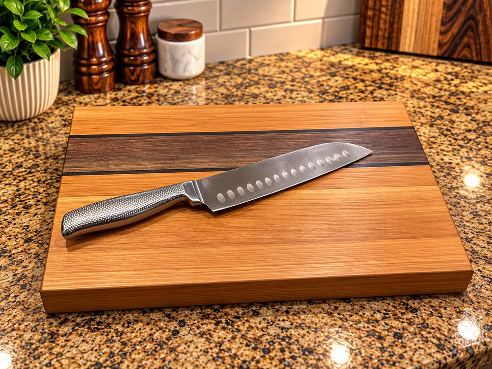 Cherry and walnut cutting board with a chef's knife on a kitchen counter